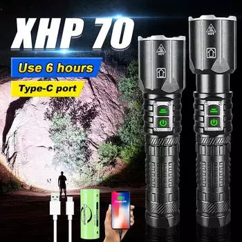 XHP70 Водонепроницаемый фонарик Супермощный фонарик Телескопический перезаряжаемый ручной фонарь Открытый фонарь no battery чёрный