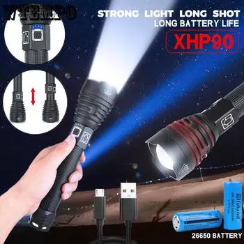 XHP90 Мощный фонарик с зарядкой через USB, уличный водонепроницаемый электрический дисплей количества, мощный светодиодный фонарик Headlamp+USB чёрный