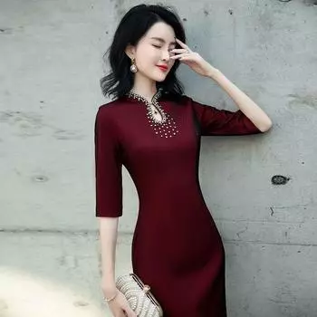 Xi Mother-in-Law Young Mother-in-Law High-End Wedding Reception Clothes Wine Red B923 3XL