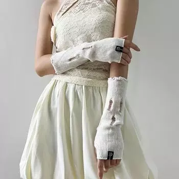 Xia Nuo Xiucai Subculture Gloves Women Sun Protection Oversleeve Fake Sleeve Y2g Wear Summer Gyaru Ripped Wind Arm Sleeve White-ripped vertical cloth label All yards
