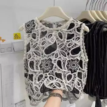 xiangfeng вязаный крючком ажурный жилет рубашка женская летняя новая жаккардовая контрастная безрукавка топ One size слоновая кость