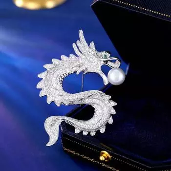 Xianglong Play Beads Китайская одежда Guochao Куртка Пальто Аксессуары Медная инкрустация Цирконом Пресноводный жемчуг Брошь с изображением дракона серебряный