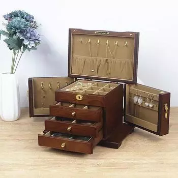 Xianglongmu 2023 европейская ретро деревянная шкатулка для драгоценностей с замком - высококачественная, большая вместимость, многослойное хранение 28*19*20cm