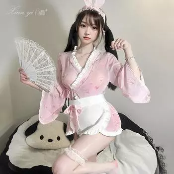 Сяньи Эротическое нижнее белье Японское кимоно с принтом Милый Чистый Порыв Кролик Сексуальный Забавный Набор горничной 665 One size