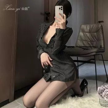 Сяньи Эротическое нижнее белье Сексуальное Чистое Желание Секретарская Униформа Соблазн Страсть Бесплатно Комплект Полосатая рубашка Qqny548 One size