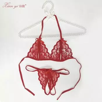 Xianyi Love Нижнее белье Кружевной прозрачный комплект из трех предметов С открытым пахом и вырезом на груди Соблазнительный костюм Сексуальная униформа для кровати K8 one size fits all