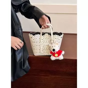 [Xiao Sanqi] Fancy Exquisite Hollow-out Small Tote Bag Son Mother Tote Minimalist Shoulder Messenger Bag Rice White