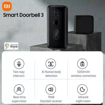 Xiaomi Smart Doorbell 3 Домашняя беспроводная камера безопасности 2K Ультра-четкое инфракрасное ночное видение 180°