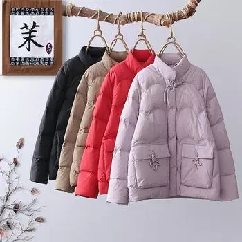 Xiaoxiang короткий пуховик женский 2024 зима новая мода ретро пряжка вышитая теплая маленькая куртка M хаки