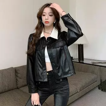Универсальная кожаная куртка с цветными блоками в стиле Xiaoxiang, короткая, весенняя, новая, в гонконгском стиле, в корейском стиле, темпераментный поло в стиле ретро S
