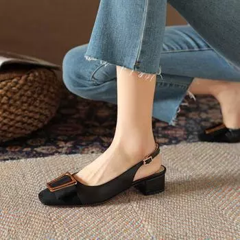 Xiaoxiangfeng 2024 весна-лето новые босоножки с застежкой-молнией на среднем толстом каблуке пустые одинарные туфли французская фея с юбкой на высоком каблуке 35 чёрный