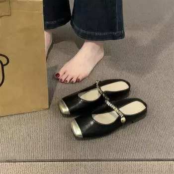 Xiaoxiangfeng bag head half slippers outer wear women s shoes 2025 new chain word belt summer skirt single shoes 35 чёрный