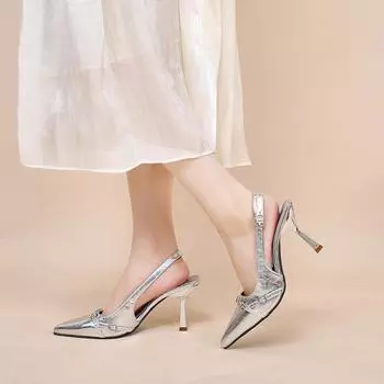 Xiaoxiangfeng Black Patent Leather Pointed Special-Shaped, High-Heeled Fashion Sandals, Supermodel Same Single Shoe 34 серебряный