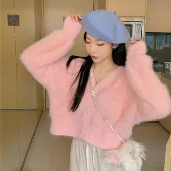 Куртка-бант Xiaoxiangfeng из норкового бархата, женская, осенне-зимняя, топ 2024 года, новая свободная верхняя одежда, вязаный кардиган, весна S розовый