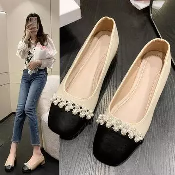 Xiaoxiangfeng color matching single shoes women s 2025 new fashionable and comfortable square head shoes light mouth pearl thick heel French single 35 хаки