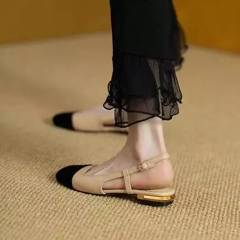 Xiaoxiangfeng цветные босоножки на низком каблуке женские с сумкой на голову лето 2025 новые ретро однословные пряжки сзади пустые балетки 34 чёрный