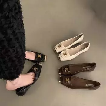 Xiaoxiangfeng цветные металлические пряжки одинарные туфли золотые 2025 туфли на плоской подошве маленькие кожаные туфли бабушкины туфли вечерние ветреные женские туфли 35 чёрный