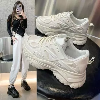 Xiaoxiangfeng dad shoes женская весна 2025 новые универсальные туфли в гонконгском стиле с круглым носком на платформе белые спортивные туфли 35