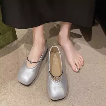 Xiaoxiangfeng Doudou shoes women s 2025 new a-letter rhinestone small leather shoes~ spring, summer and autumn Mary Jane single shoes 35 бежевый