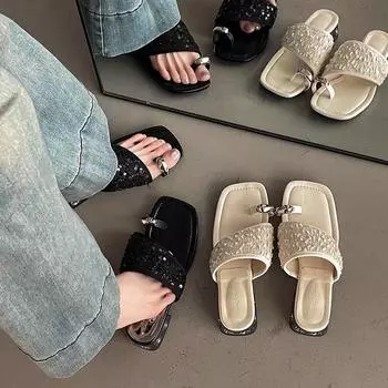 Xiaoxiangfeng fairy with beach slippers, summer new fashion sequin set, toe slope heel cool slippers for women 35 чёрный