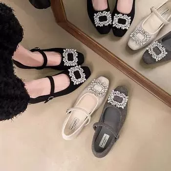 Xiaoxiangfeng flat-soled single shoes women s strap heel black rhinestone square head 2025 spring and autumn shallow mouth low heel Mary Jane s 35 серый