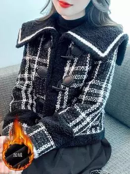 Xiaoxiangfeng флисовое утолщенное короткое пальто женское осенне-зимнее новое женское пальто с маленьким морским воротником в студенческом стиле S