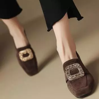 Xiaoxiangfeng frosted leather square buckle rhinestone thick heel single shoes women s retro square head middle heel loafers shallow 34