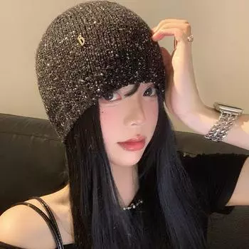 Xiaoxiangfeng головной убор с блестками женский 2024 новый универсальный головной убор маленькая холодная шапка Spice girl вязаная ворсовая шапка One Size