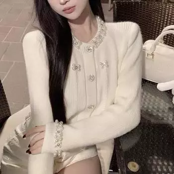 Xiaoxiangfeng Heavy Industry бисерный серый свитер кардиган вязаный жакет женский дизайн нишевый короткий темпераментный топ многоцветный One size fits all розовый