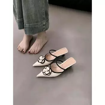 Xiaoxiangfeng high-heeled French bag head half slippers fairy shoes wear 2025 new summer temperament pointed single shoes 35 чёрный