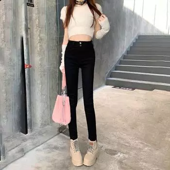 Xiaoxiangfeng high-waisted elastic double-buckle pencil jeans women s 2025 autumn and winter new thin jeans 26