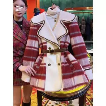 Xiaoxiangfeng клетчатая модная шерстяная куртка женская теплая зимняя 2024 новое темпераментное стеганое хлопковое пальто S [Recommended 80-50kg] кофейный