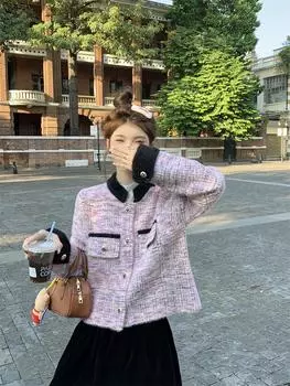 Xiaoxiangfeng контрастного цвета пальто женское весна-осень 2024 новый красивый и шикарный свободный супер красивый дизайн топ с длинными рукавами S фиолетовый