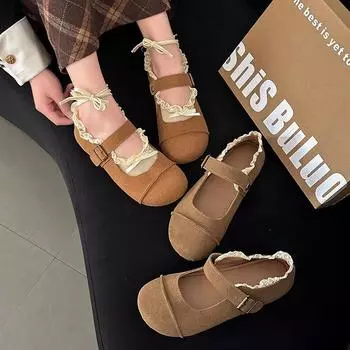 Xiaoxiangfeng Korean version of matte word belt Mary Jane single shoes women s spring 2025 new with skirt Doudou shoes tide 35 верблюд