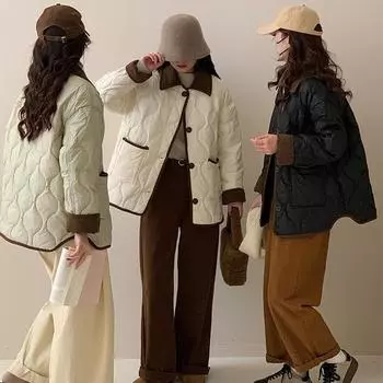 Xiaoxiangfeng короткая пуховая хлопковая подбитая одежда женская контрастного цвета с лацканами из ромба легкая и тонкая маленькая свободная хлопковая подбитая куртка S