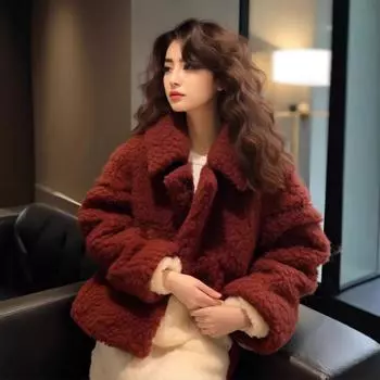 Xiaoxiangfeng красное полупальто из овечьей шерсти для женщин, зима 2024, новый меховой верх с плюшевой подкладкой S красный