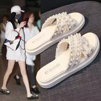 Xiaoxiangfeng крутые тапочки на толстой подошве с перекрестными ремешками, женская летняя одежда 2024 года, новые пляжные сандалии с жемчугом и юбкой 35 чёрный