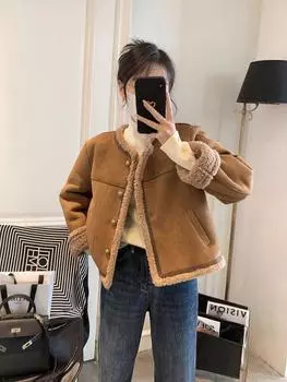 Xiaoxiangfeng куртка из овечьей шерсти женская осенне-зимняя майяра ретро маленькая мужская корейская версия повседневный меховой интегрированный топ S [Recommended 70-40kg]