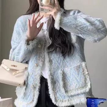 Xiaoxiangfeng куртка женская 2024 осень и зима новая женская одежда норковый флис свитер куртка свободный V-образный вырез кардиган женский топ S recommends 80-45 kg синий