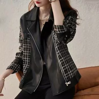 Xiaoxiangfeng locomotive leather jacket versatile jacket women s 2024 spring, autumn and winter new small women s loose foreign style jacket S 100-55 kg