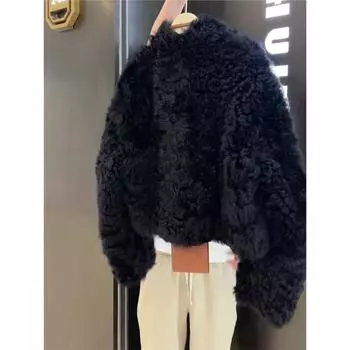 Xiaoxiangfeng меховое интегрированное черное пальто женское 2024 новое популярное зимнее пальто из экологически чистой овечьей шерсти S