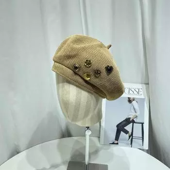 Xiaoxiangfeng металлический стандартный вязаный берет женский весна-лето корейская версия модная полая дышащая шляпа художника тыквы показывает маленькое лицо M56-58cm чёрный