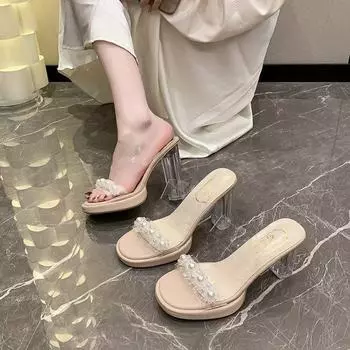 Xiaoxiangfeng осень 2025 года новые толстые каблуки со стразами прозрачные крутые тапочки в стиле феи темпераментные тапочки на высоком каблуке женская верхняя одежда 35