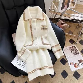 Xiaoxiangfeng осень-зима новое модное пальто с лацканами, толстым цветочным золотым краем и трикотажной юбкой А-образной формы, комплект из двух предметов Average size 70-70 kg белый