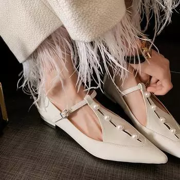 Xiaoxiangfeng, остроконечные туфли Мэри Джейн с плоской подошвой и жемчугом, женские нишевые туфли-стринги с полым ремешком, туфли на низком каблуке на толстом каблуке, одинарные туфли 35 чёрный