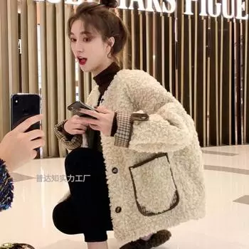 Xiaoxiangfeng пальто из овечьей шерсти женское флисовое утолщенное зимнее 2024 небольшое уличное пальто из овечьей шерсти с хлопковой подкладкой S [Recommendation 75-90]