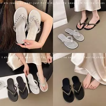 Xiaoxiangfeng pearl pinched flip-flops women s outer wear 2025 summer new fashion flat sandals 35 чёрный
