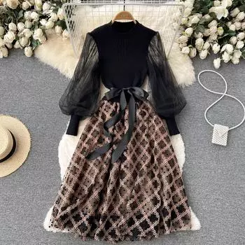 Xiaoxiangfeng платье облегающее модное вязаное женское платье 2022 новое модное сетчатое платье с длинными рукавами и ромбовидной прошивкой One Size хаки