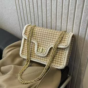 Xiaoxiangfeng плечевая плетеная цепочка подмышечная сумка женская 2024 новая текстура интернет знаменитость универсальная модная квадратная женская сумка Small коричневый