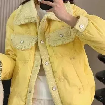 Xiaoxiangfeng пуховик женский 2024 осень-зима новый французский модный высококачественный темпераментный кукольный воротник белый утиный пуховик прилив S чёрный